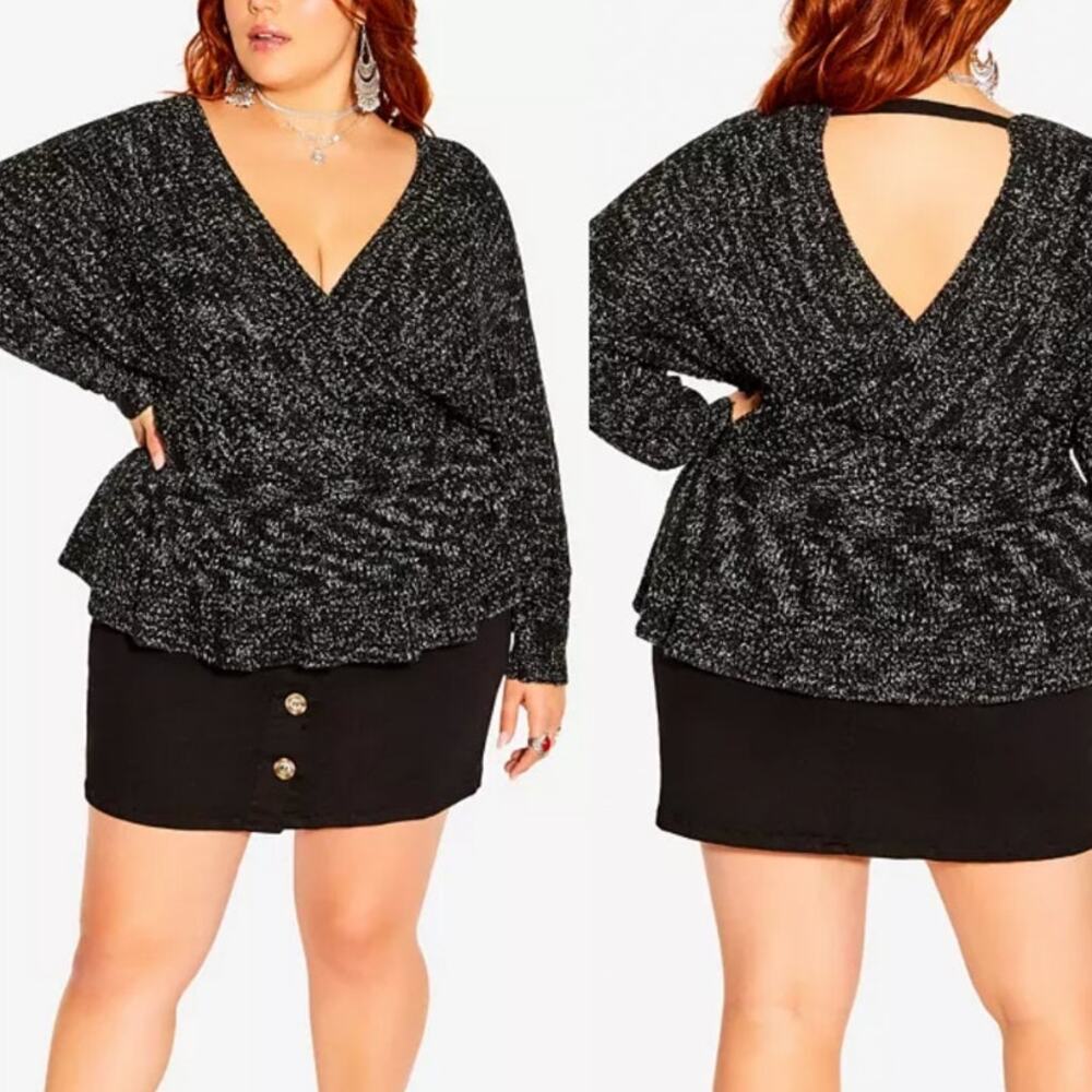 NWT City Chic Western Jumper Sweater Marled Knit Wrap Peplum‎ in Black Size 20